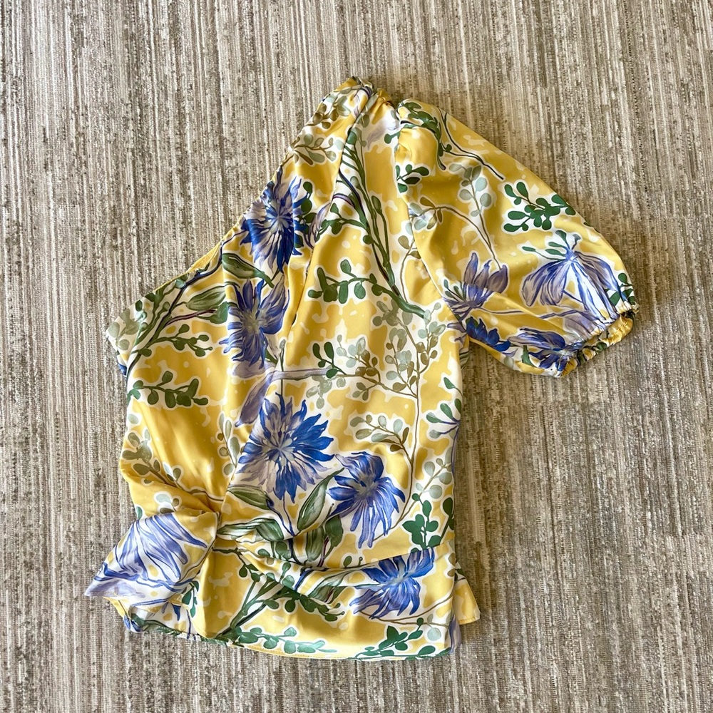 Yellow satin Floral One-Shoulder Top